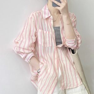 Plus Size Pink Striped Shirt Autumn Loose Cardigan Cotton Linen Top