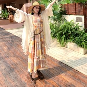 Bohemian Romantic Vacation Two-Piece Set Summer Cardigan Ethnic Print Cami Dress - Style 8cbef7