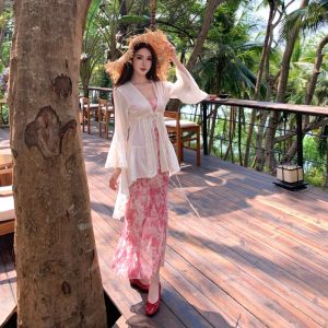 Bohemian Romantic Vacation Two-Piece Set Summer Cardigan Ethnic Print Cami Dress - Style 8eb4a1