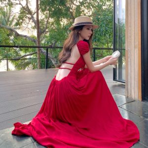 2026 Early Spring High Waist Slimming Tie Hollow Backless Long Short Sleeve Dress for Women