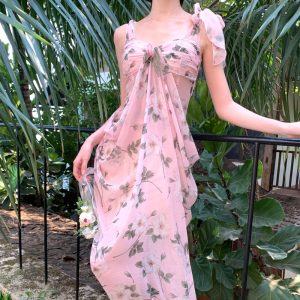 Floral Chiffon Sleeveless Long Dress for Women Summer Vacation Beach