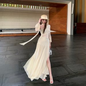 French Style Tulle Panel Asymmetric Neck Long Dress