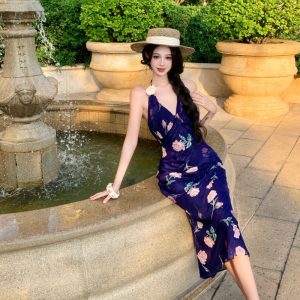 Women's Floral V-Neck Open Back Sleeveless Bodycon Beach Vacation Dress