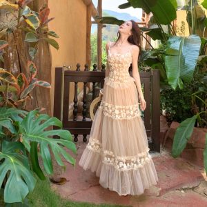 French Lace Jacquard Sleeveless Dress Women Spring 2026 Slim Fit Mesh Vacation Long Dress