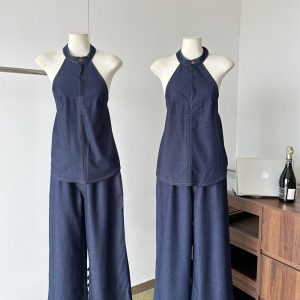 Women's Summer Two-Piece Denim Set Sleeveless Halter Top and Casual Pants