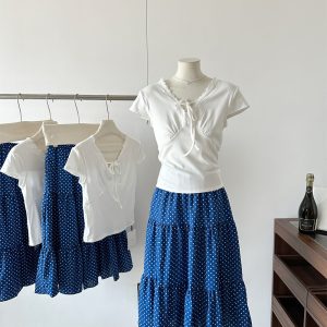 Korean Lace Spliced V-Neck Short Sleeve Top and Polka Dot A-Line Skirt Two-Piece Set for Women Summer 2026