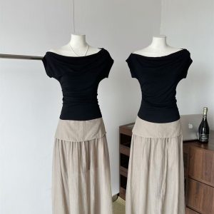 Women's Summer Two-Piece Set Off-Shoulder Short Sleeve Top and High Waist Mesh Panel Skirt