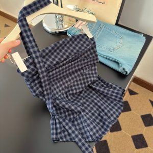 Women's Plaid Camisole Top with Ribbon Summer Korean Style Slim Fit
