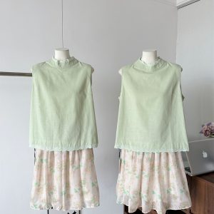 Korean Style Women Lace Stand Collar Linen-Look Vest Shirt and Skirt Two-Piece Set