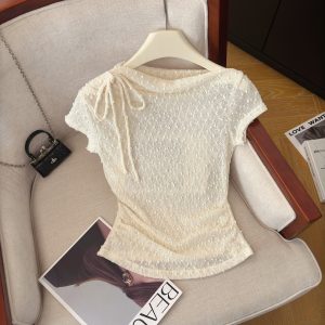 Women's Summer Sleeveless Lace Top with Bow Tie and Ruched Design