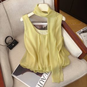 Women's Sleeveless Chiffon Top with Ribbon Accent Summer 2026