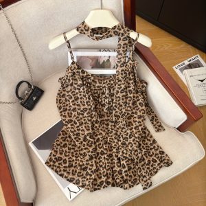 Sexy Leopard Print Sleeveless Cami Top for Women Summer New Slimming Ruffled Blouse with Ribbon