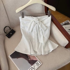Sexy Polka Dot Strapless Crop Cami Top with Bow for Women Summer Slimming Off-Shoulder