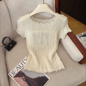 Women Summer Short Sleeve Pleated Loose Top Soft Cotton Pullover