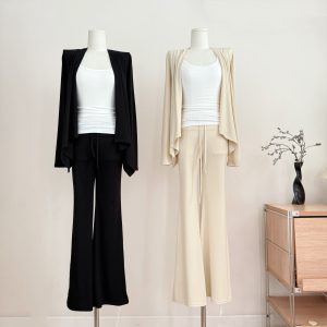 Women's 3-Piece Knit Set with Cami, High-Waist Drawstring Flared Pants and Loose Long-Sleeve Jacket