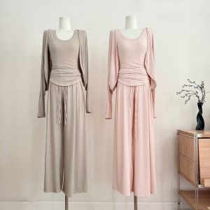 Soft Pink Sun Protection Knit Cardigan Cami and Casual Pants Three-Piece Set for Women