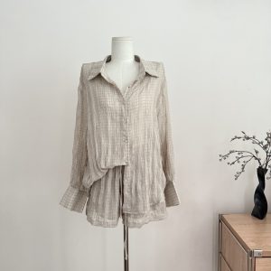 Women's Summer Two-Piece Set with Pleated Long-Sleeve Shirt and Wide-Leg Shorts