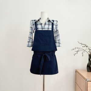 OKMASHOP Vintage Plaid 100% Cotton Long Sleeve Shirt and Overall Short Skirt Two-Piece Set