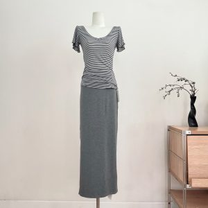 Laareetoo Tencel Cotton Linen Striped V-Neck Short Sleeve T-Shirt and Skirt Two-Piece Set for Women Summer