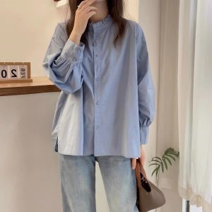 Plus Size Blue Cotton Shirt Autumn Long Sleeve Ruffle Trim Slimming Top