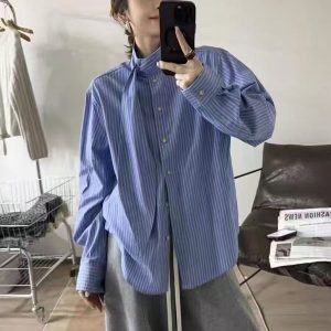 Plus Size Blue Striped Shirt Women Long Sleeve Loose Casual Top - Style 32e362