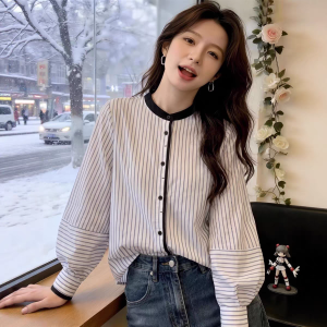 Women's Plus Size Striped Lantern Sleeve Shirt Autumn Korean Style Round Neck Blouse