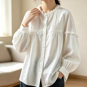 Plus Size Women's Retro Japanese Blue Ruffle Shirt Loose Accordion Pleat Long Sleeve Top Autumn