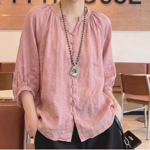 Plus Size Women's Autumn French Style Cotton Linen Shirt Solid Casual Breathable Top